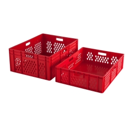 Red stackable crate 800 x 600 mm with perforated sides