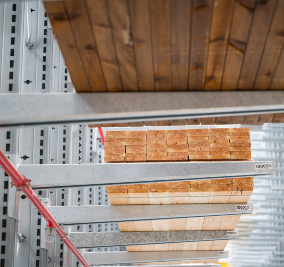 Wood stored on cantilever racks